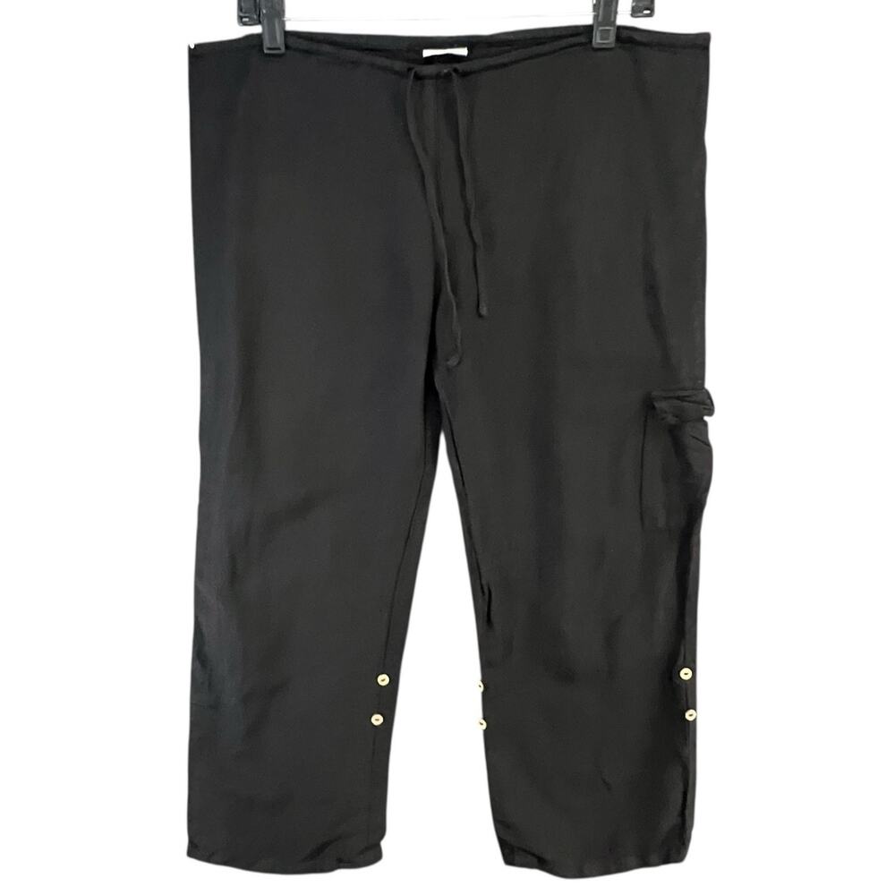 Vintage Spirit Cargo Capri Pants Womens S Black Linen Roll Tab Hem‎ Y2K Coastal